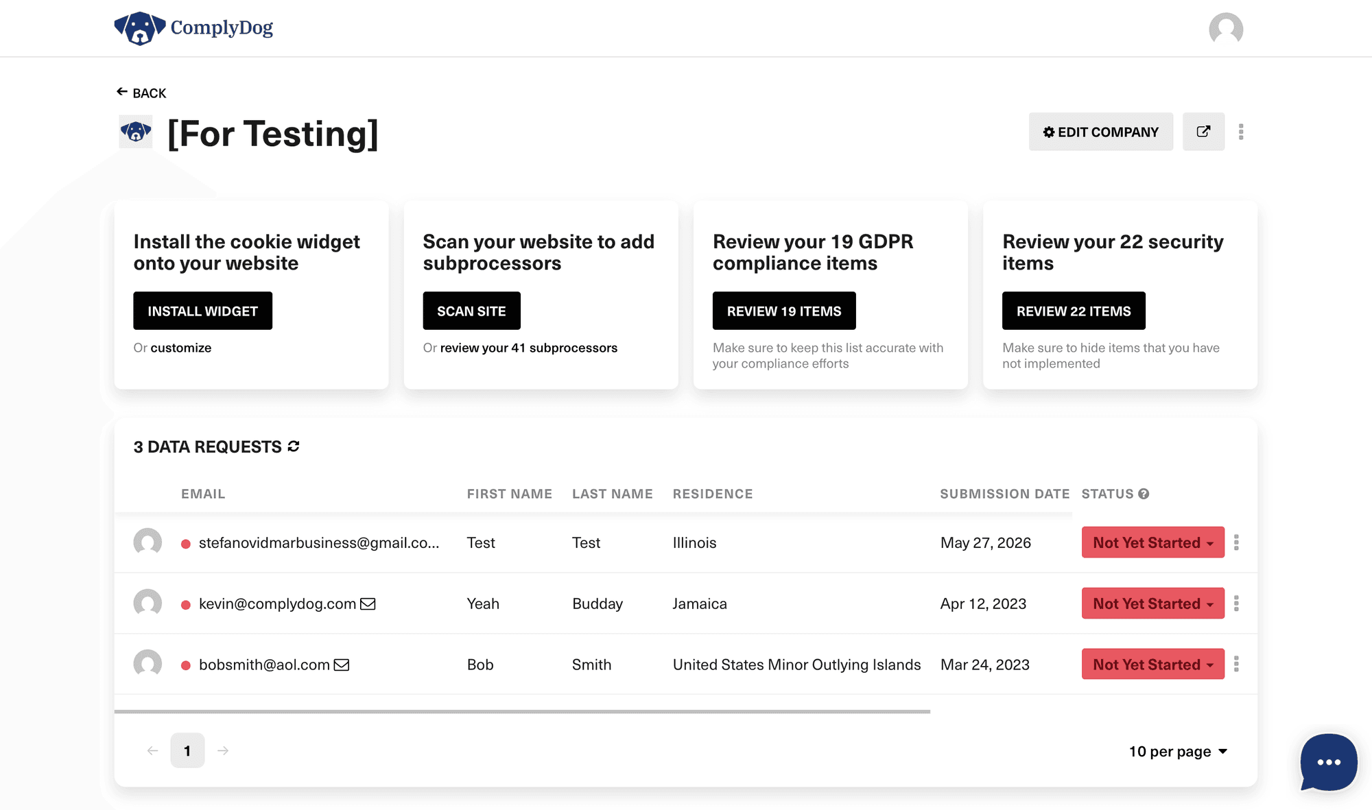 ComplyDog's old dashboard