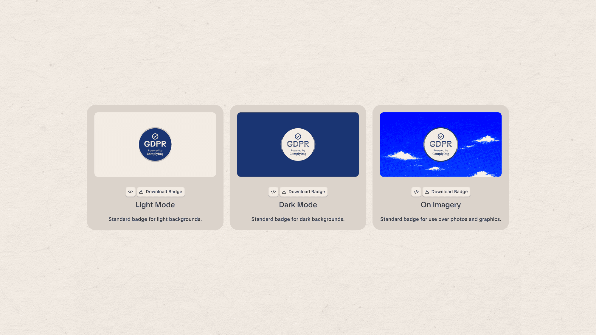 ComplyDog GDPR badges card on the website to provide customers with the assets and instructions for how to use the badges as a growth lever