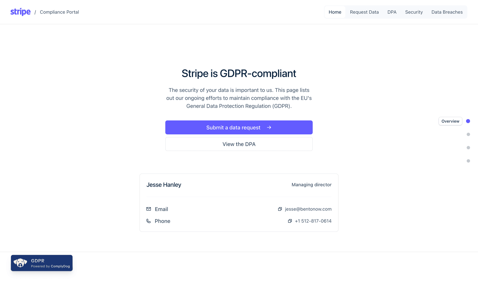Cutsomter portal with Stripe's branding, showing how the ComplyDog portal can carry a customer's identity while still feeling premium and high-quality