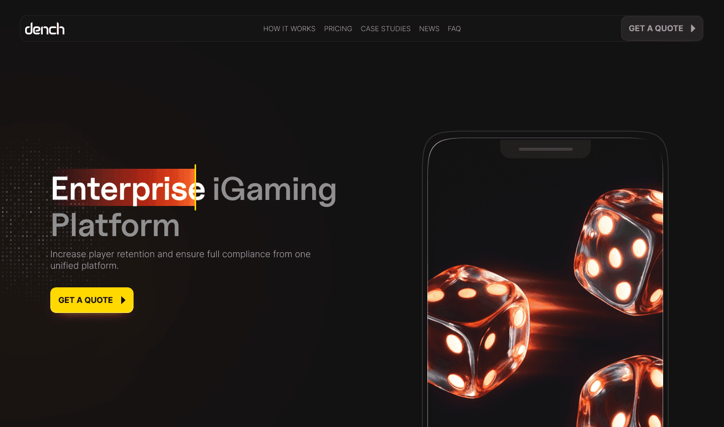 Dench Solutions: Website, launch video, and design concepts for an enterprise iGaming platform.